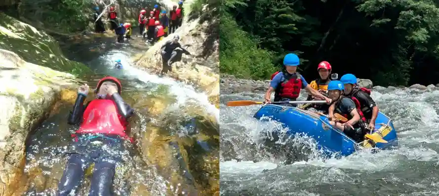 みなかみコンボトリップ、ラフティングとキャニオニングアドベンチャーで滝滑りと激流ナビゲーションを特集, Minakami combo trip featuring rafting and canyoning adventures with waterfall sliding and white water rapids navigation.